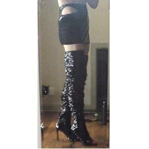 Camssoo Black Sequined Thigh High Stiletto Boots 12M EU 44